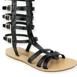 Black Leather Tall Ankle Gladiator Sandals NEW